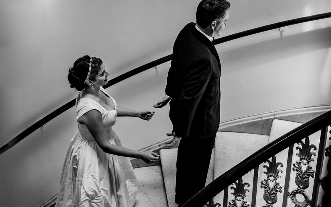 First look on stairs at the Hotel Monaco Kimpton in Washington by documentary photographers Potok's World Photography