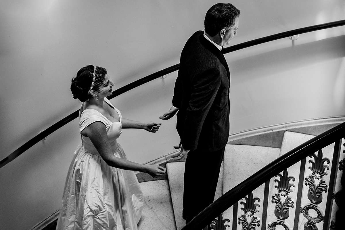 First look on stairs at the Hotel Monaco Kimpton in Washington by documentary photographers Potok's World Photography