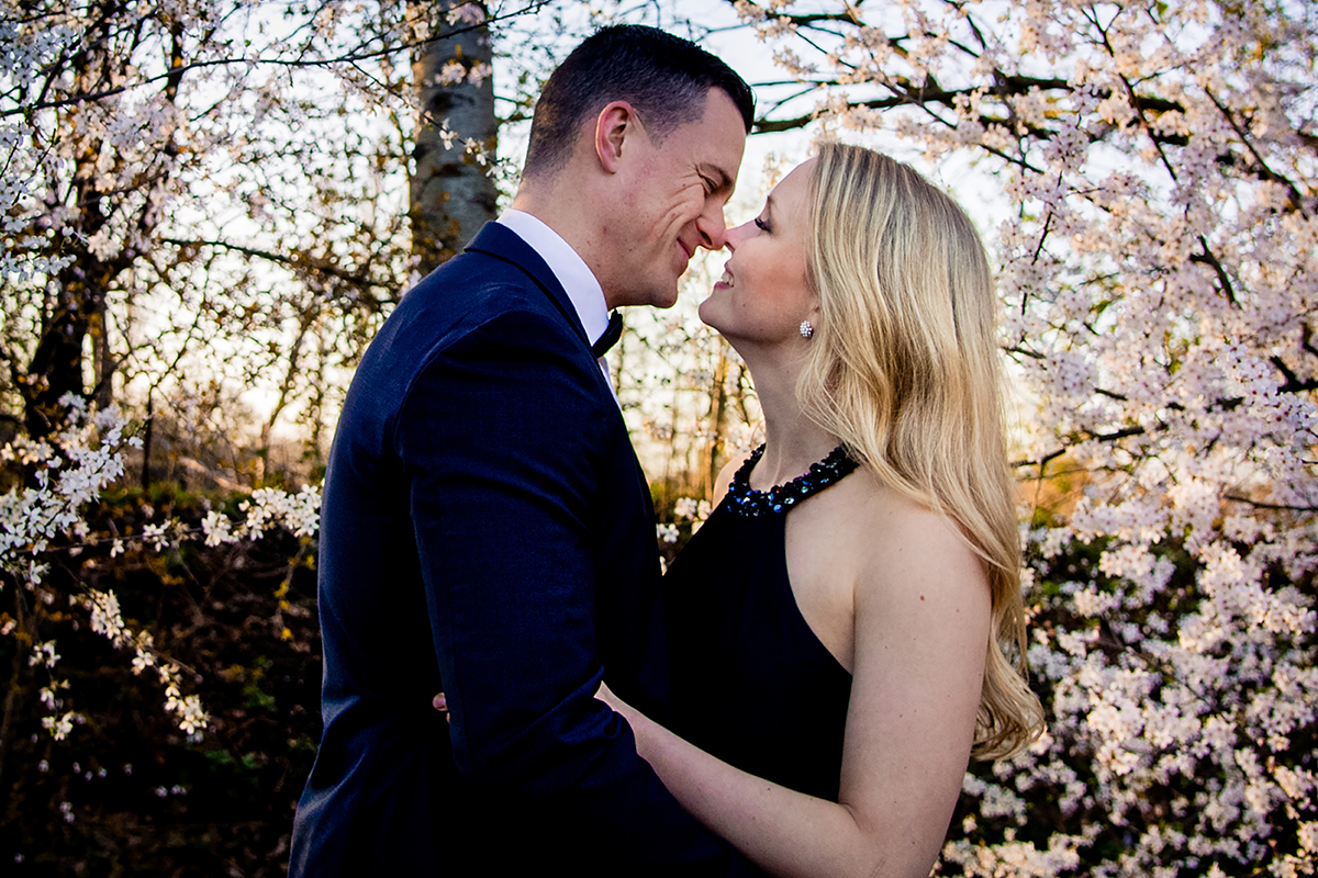 Sunset cherry blossom engagement session at Meadowlark Botanical Gardens in Vienna Virginia by DC wedding photographers of Potok's World Photography