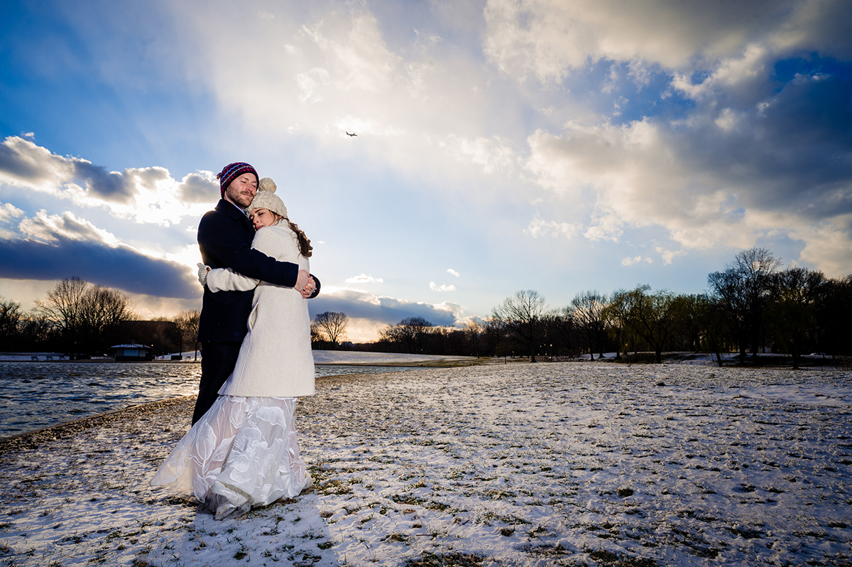 Grant Circle Washington DC snow wedding photos of bride and groom by Potok's World Photography