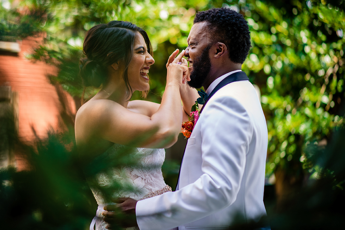 Couple's portraits of the bride and groom before their ceremony and after their first look at The Refinery in Virginia by DC wedding photographer of Potok's World Photography