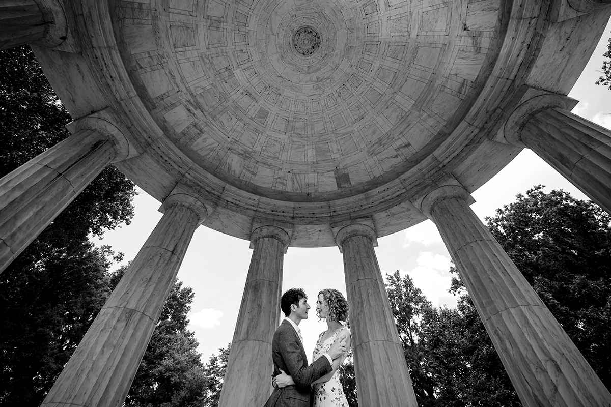 Bride and Groom couple's portrait at intimate wedding ceremony at the DC War Memorial by best DC wedding photographer of Potok's World Photography
