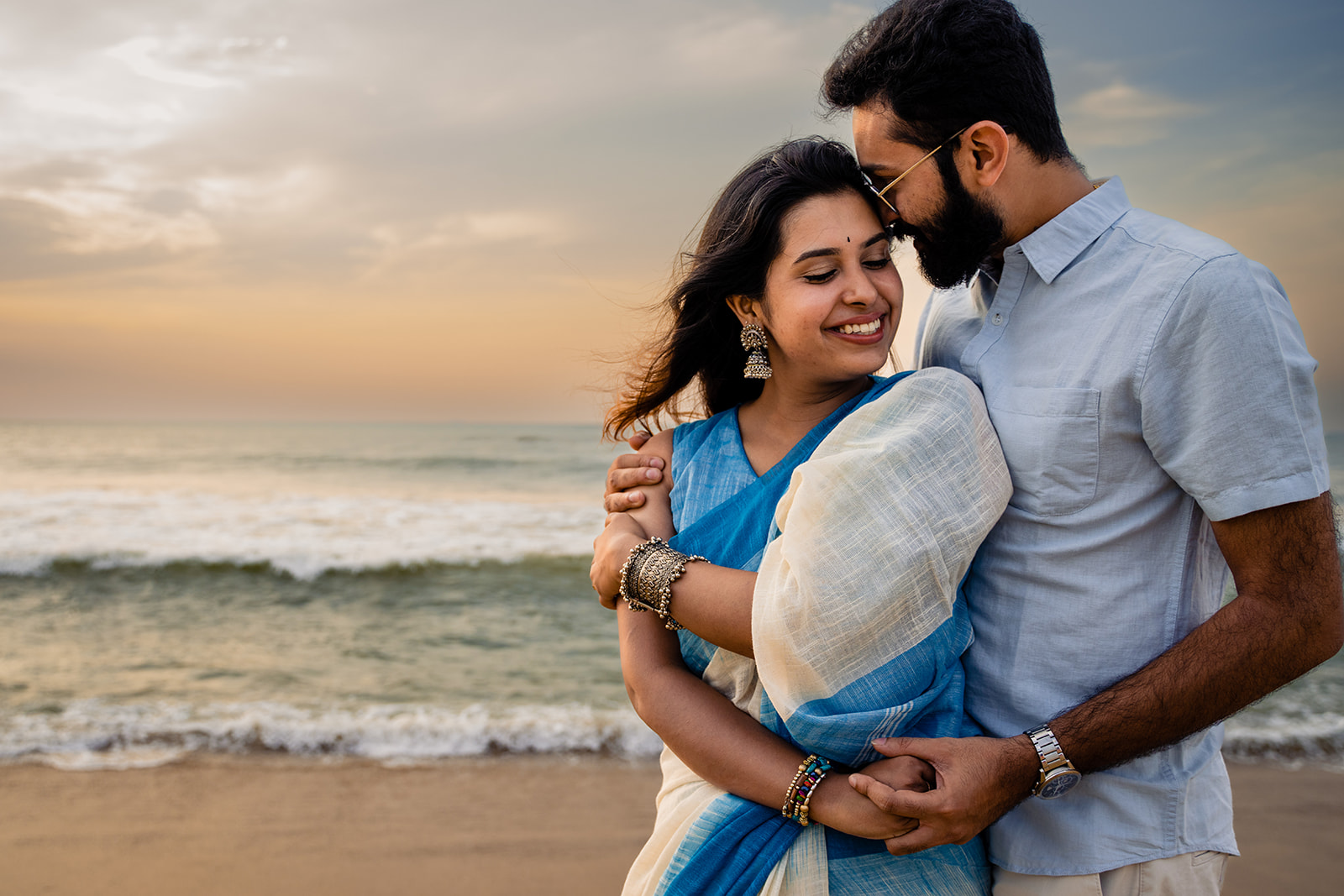 sunrise engagement session at Elliot's Beach in Chennai by Potok's World Photography