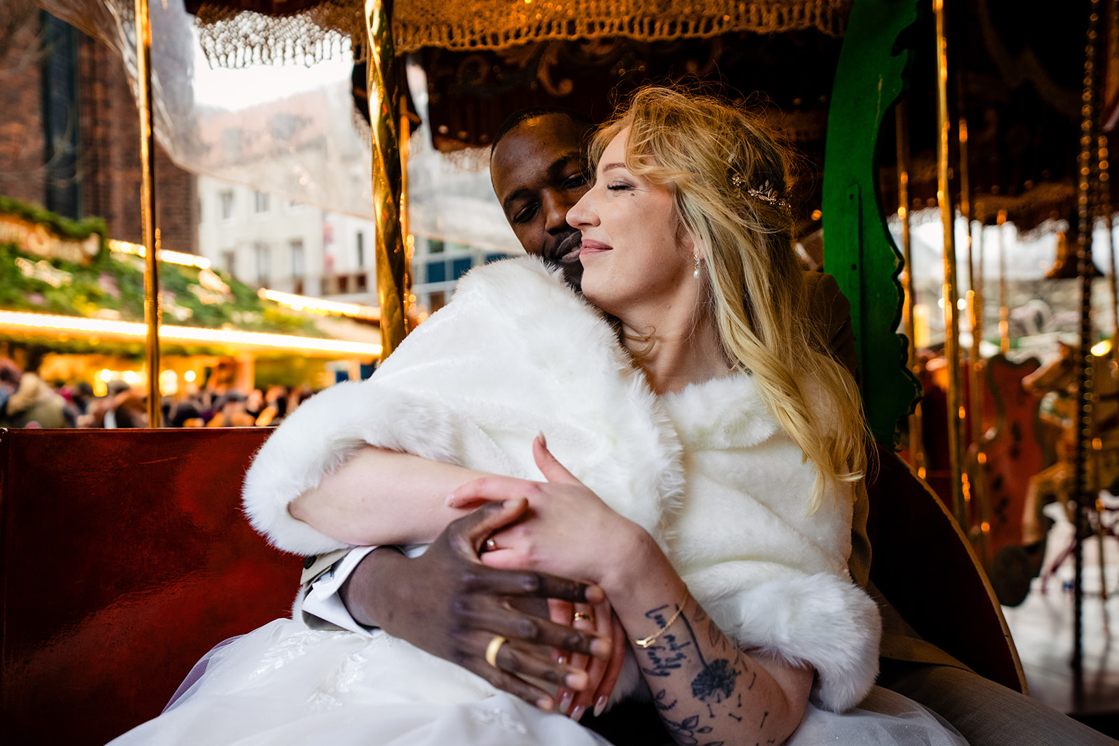 Post wedding ceremony bride and groom portraits at the Christmas Market in Hannover Germany by Potok's World Photography