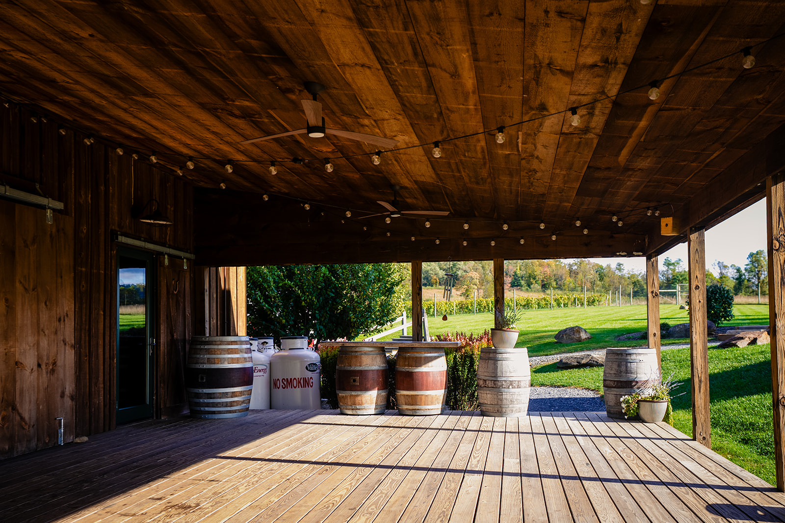 Outdoor post cereony cocktail hour space in the Heartstone Barn at Kalero Vineyard 